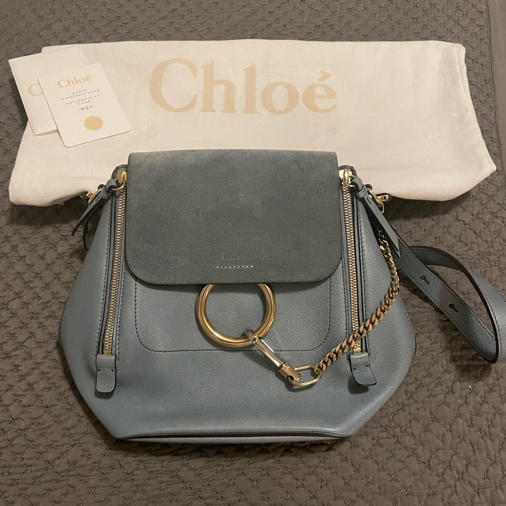 NEW Chloe Faye Leather and Suede Convertible Backpack In Cloudy Blue